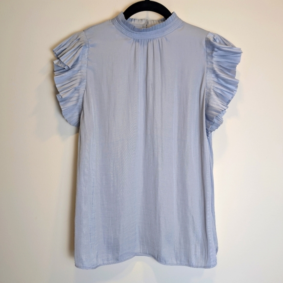 Maison d’Amélie Powder Blue Plissé Pleated Sleeve Mock Neck Satin Blouse Size XS - Picture 1 of 6